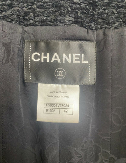 Chanel 14A Runway Supermarket Collection Black Boucle Silver Metallic Braided Trim Jacket 42