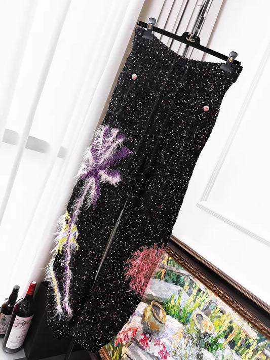 Chanel 24C black sequinned pant with colorfull feathers