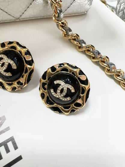 Chanel 22P classic black enamel vintage double C gold logo button round rhinestone stud earrings