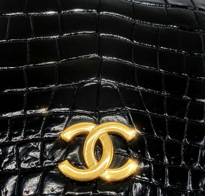 ULTRA RARE Vintage 1984 Chanel Black Crocodile Flap Bag 24K Gold Hardware