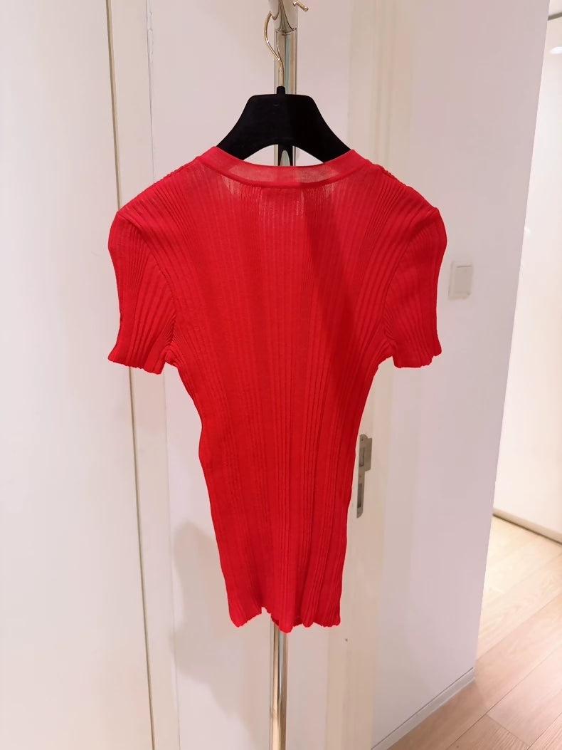Chanel 26M Red Double C Vertical Ribbed Short-Sleeve Knit Top