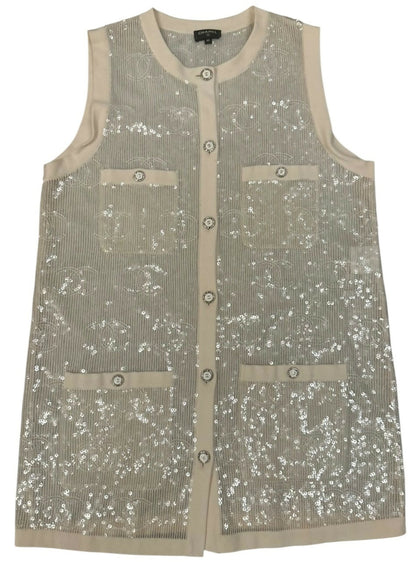 Rare Chanel 22S CC Sequin Cream Iridescent Vest Mini Dress Waistcoat Cardigan FR 40