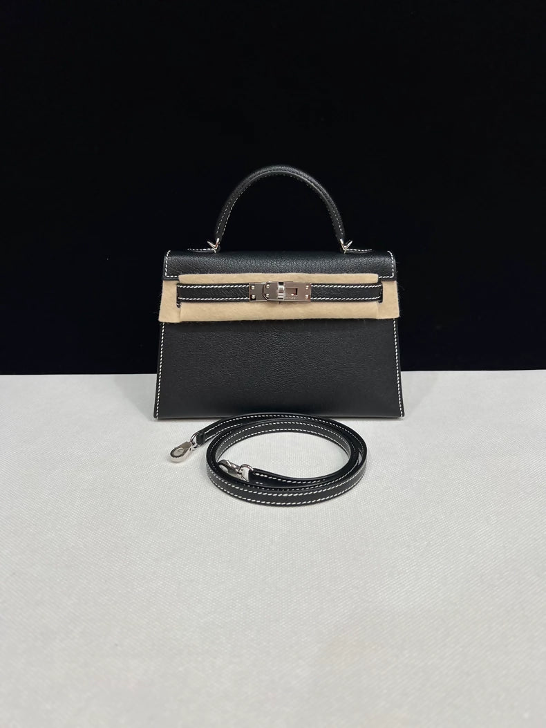 Hermes Mini Kelly 20 black Epsom leather with white stitching palladium hardware