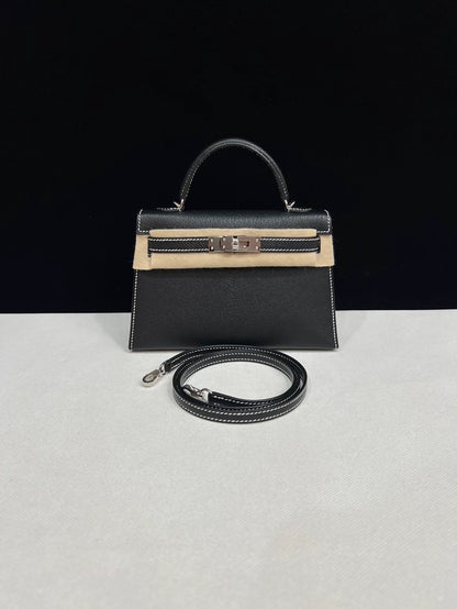 Hermes Mini Kelly 20 black Epsom leather with white stitching palladium hardware