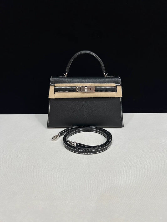 Hermes Mini Kelly 20 black Epsom leather with white stitching palladium hardware