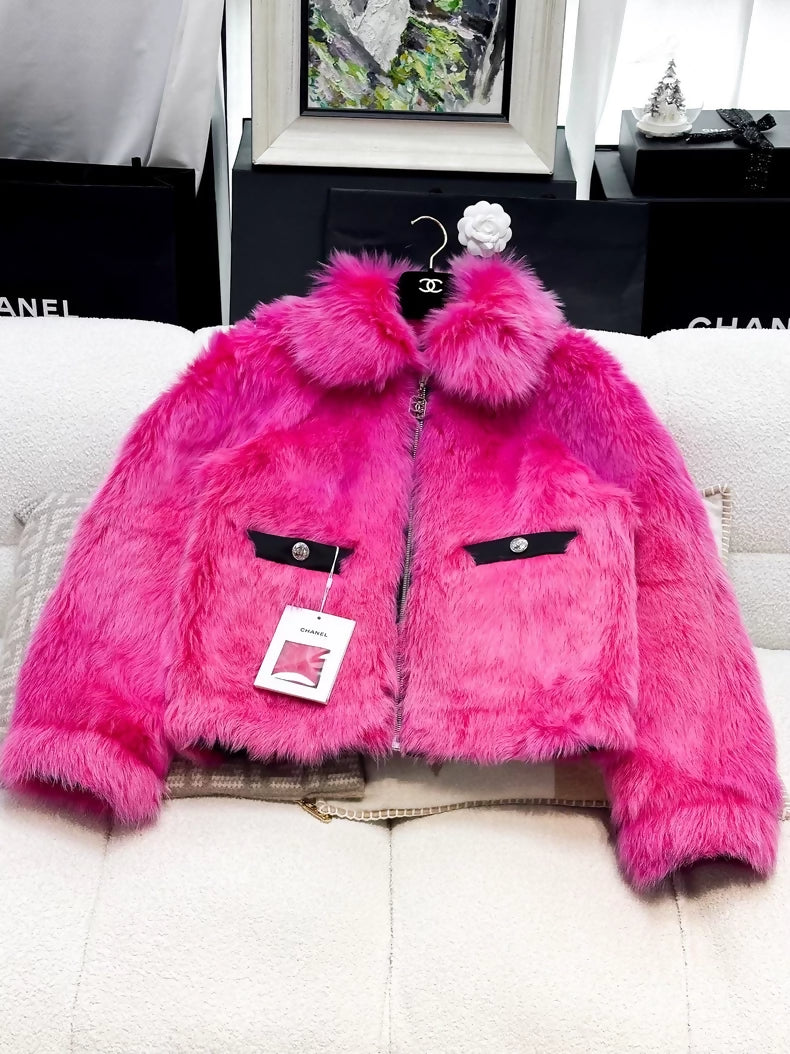 Chanel 23N Fuchsia Pink & Black Shearling jacket