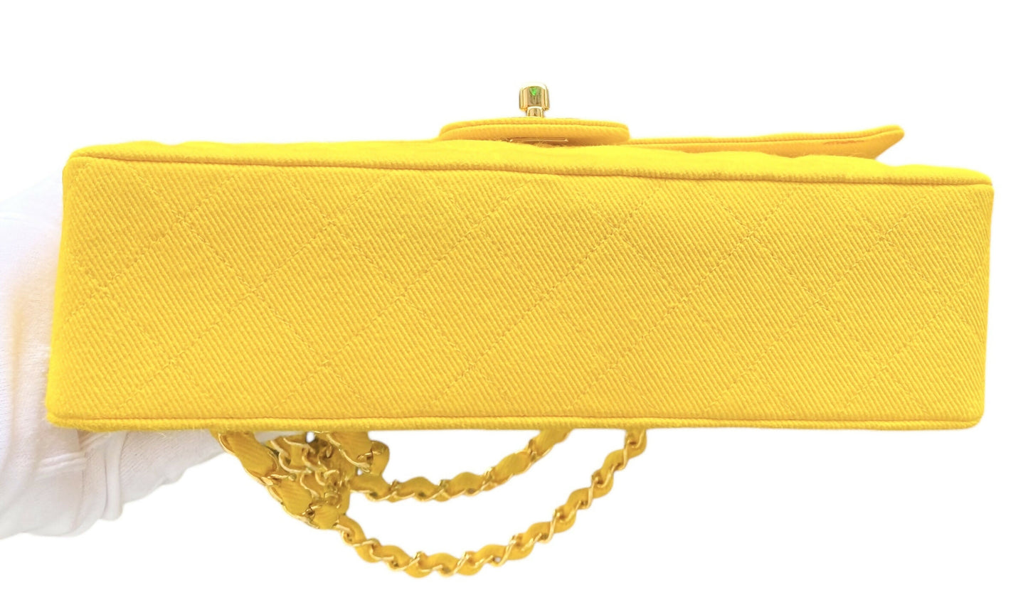 Vintage Chanel 1992 Yellow Denim Medium Classic Flap Bag 24K Gold Hardware