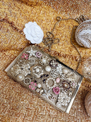 Chanel 22A pearl enamel charms gold chain clutch bag minaudiere