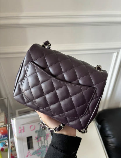 CHANEL Mini Square Flap Lambskin Quilted Dark Purple