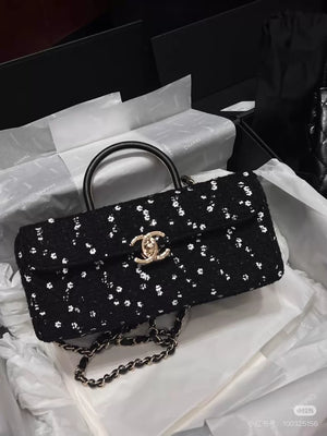 Chanel 23K black tweed camellia sequined long box ba