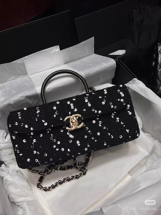 Chanel 23K black tweed camellia sequined long box ba