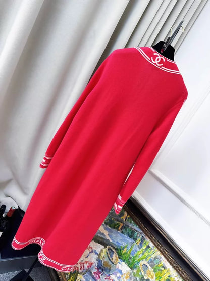 Chanel 20C Red Logo Long Knit Cardigan
