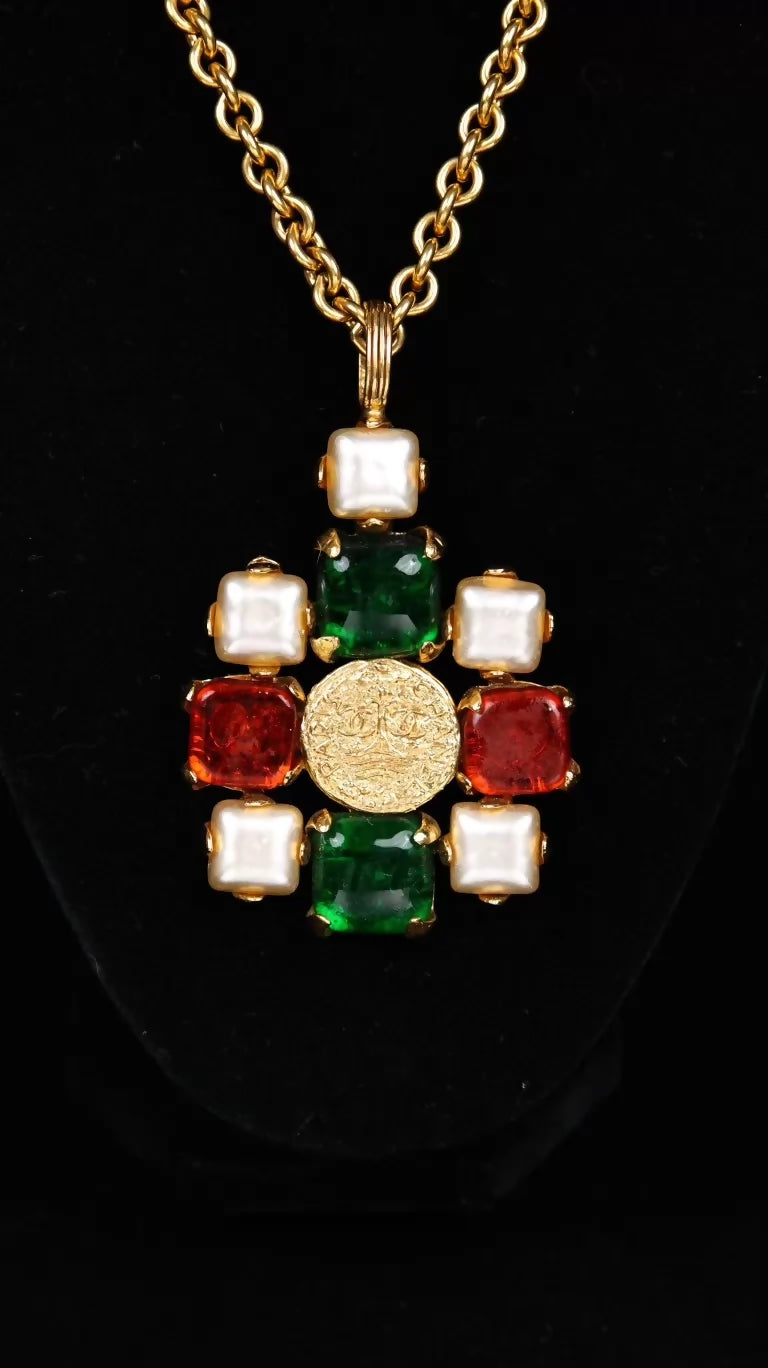 Chanel 1993 Gold Coin Red and Green Glass Pearl Pendant Necklace