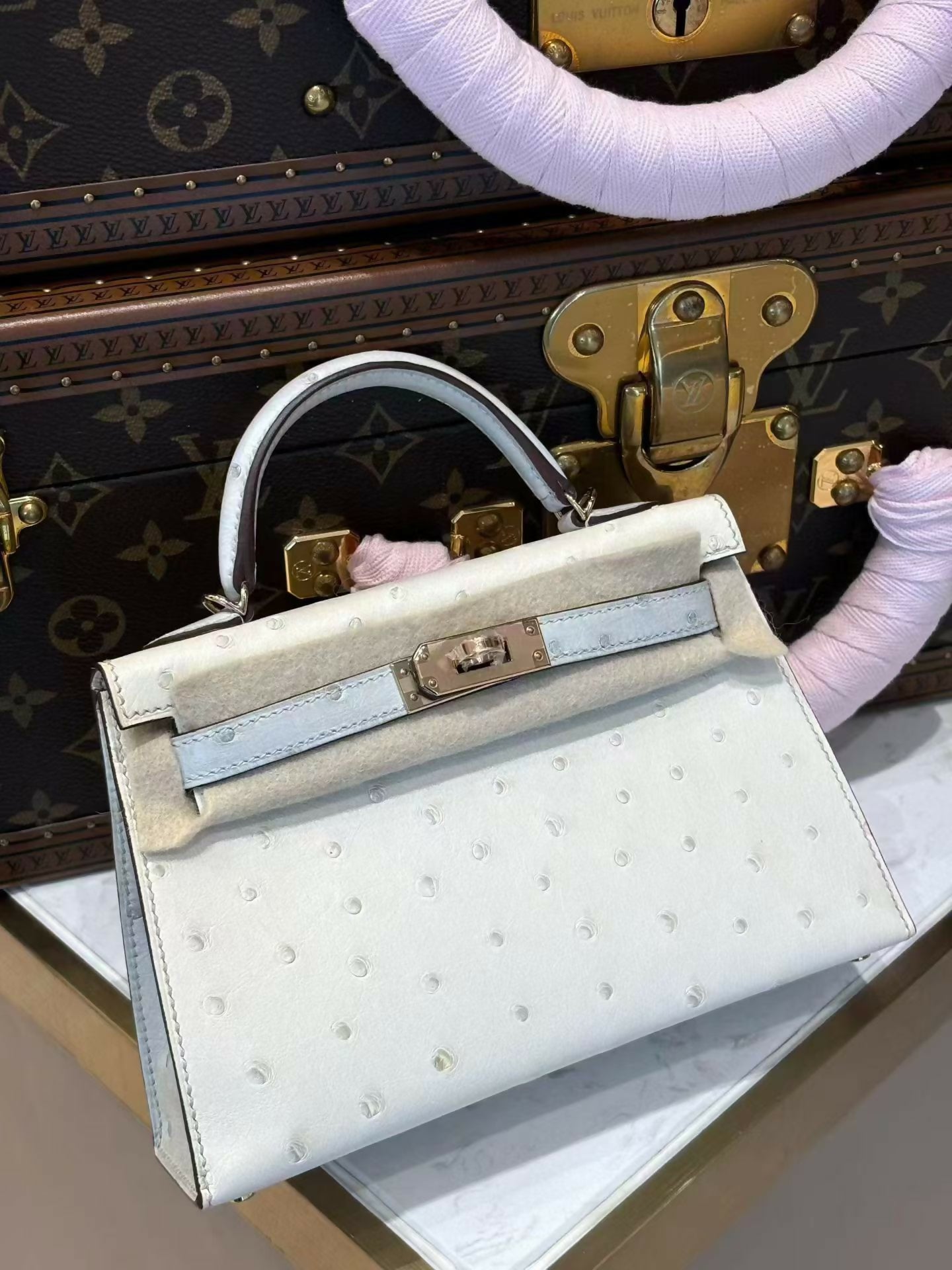 Hermès Mini Kelly II Bleu Glacier & Gris Perle Ostrich Leather with Permabrass (Light Gold) Hardware