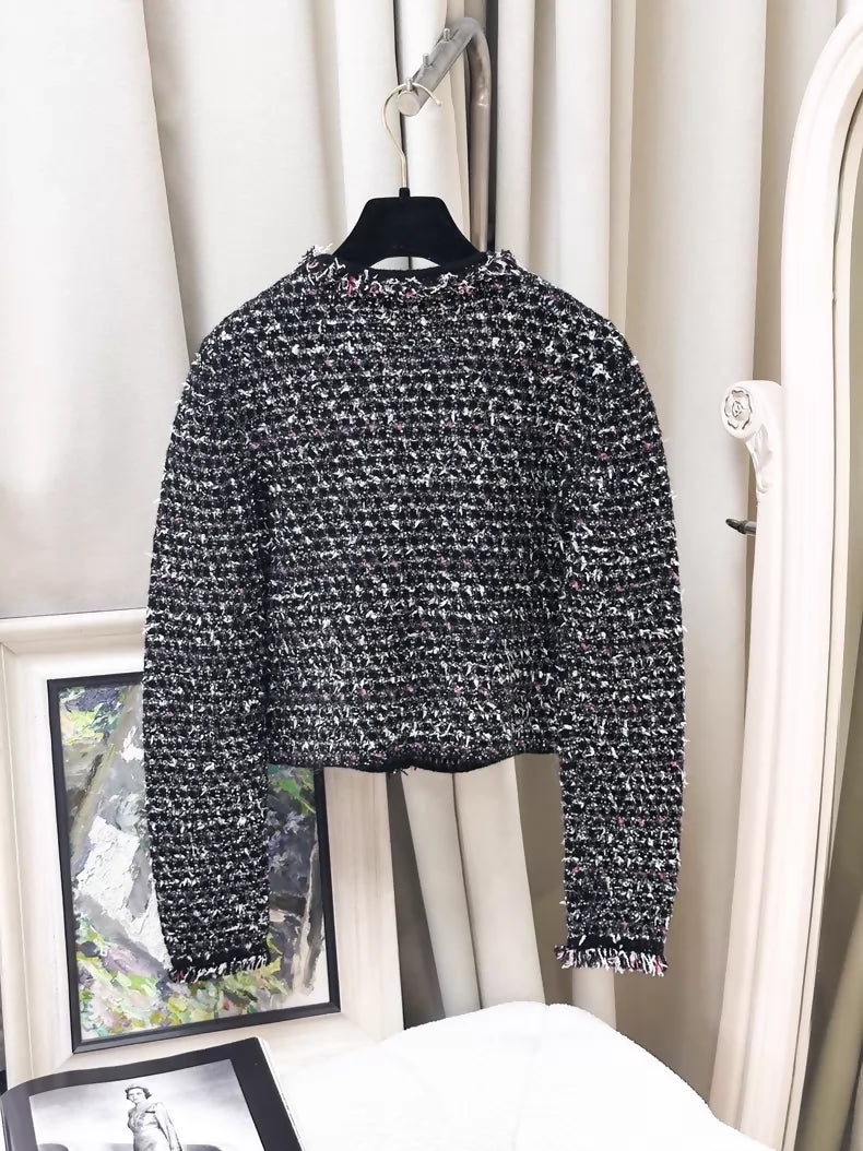 Chanel 24B black sequined tweed cardigan