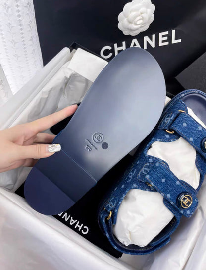 Chanel 23p denim blue double C polka dot Velcro dad sandals