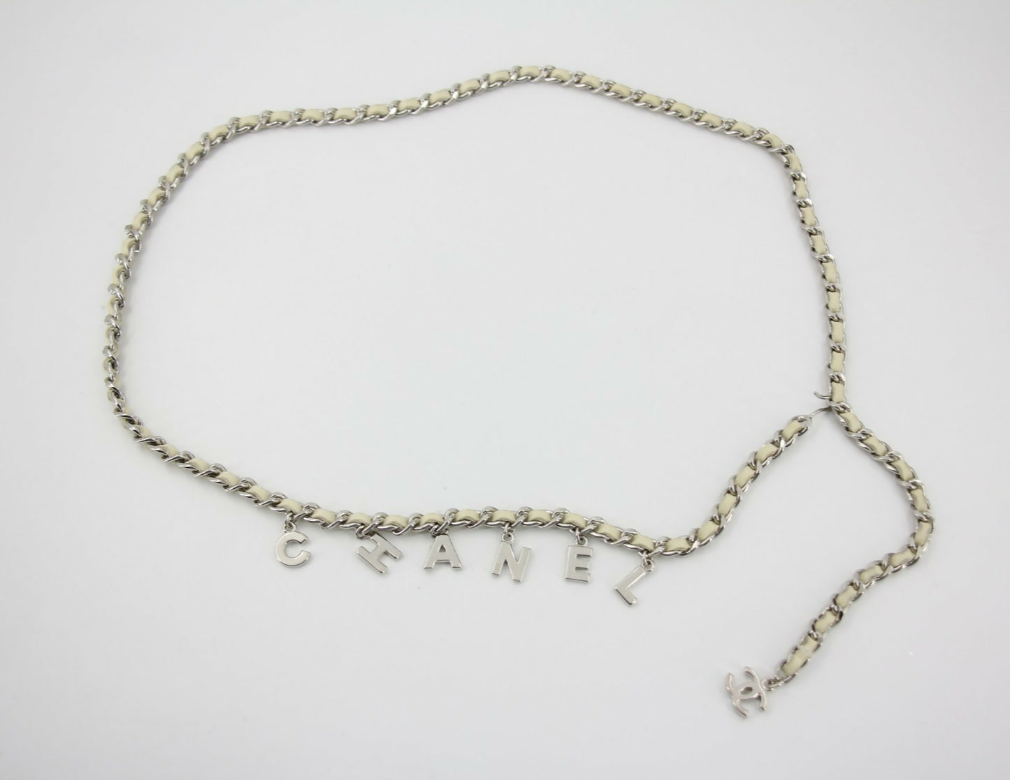 Chanel A12C Leather with Metal Beige White and Silver Waist Chain L95