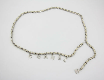 Chanel A12C Leather with Metal Beige White and Silver Waist Chain L95
