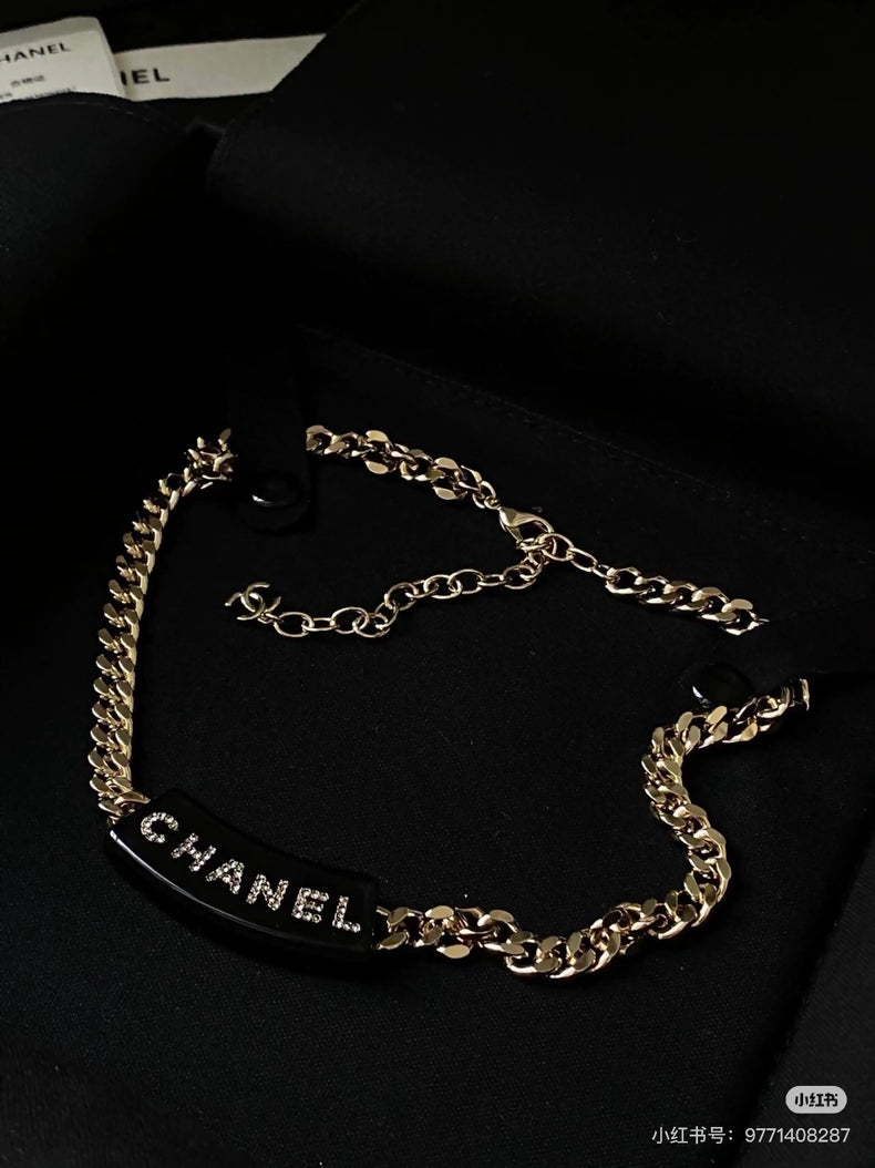 Chanel 22B Black Acrylic Letter Gold Chain Necklace