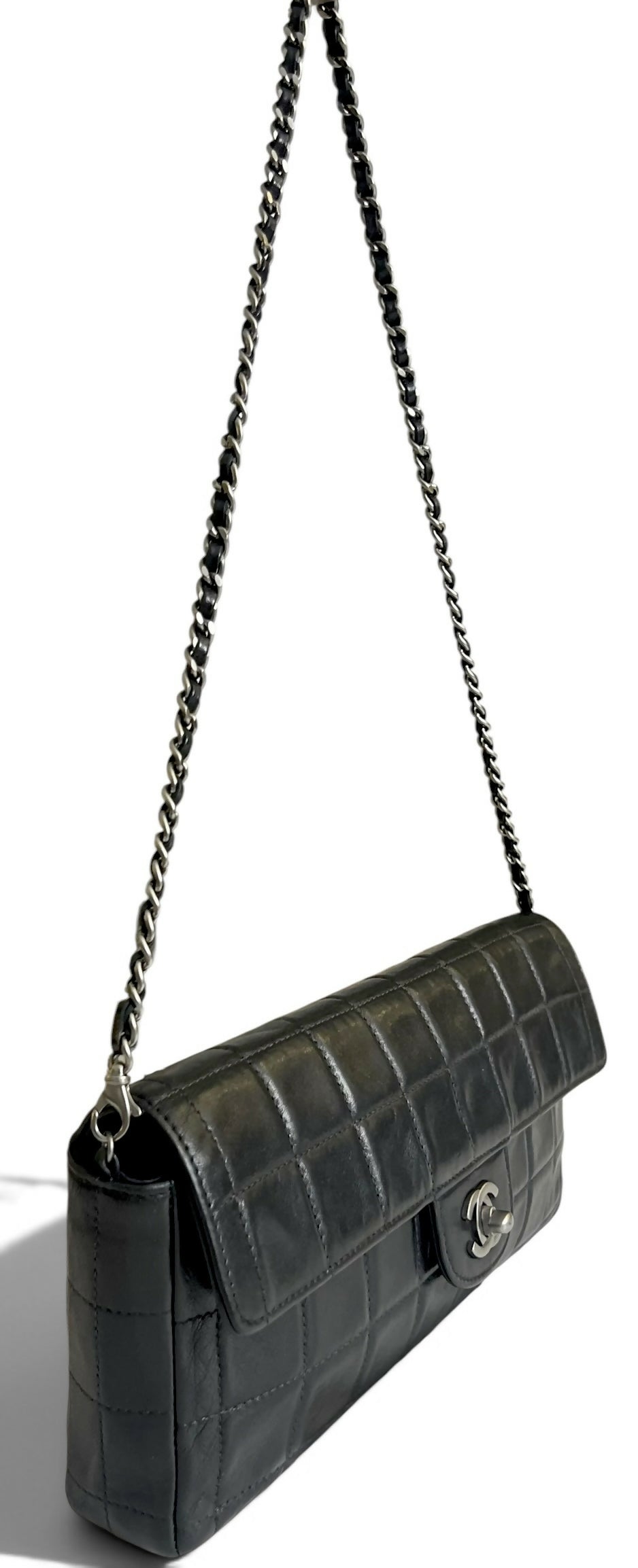 Chanel Black Lambskin East West Chocolate Bar Flap SHW
