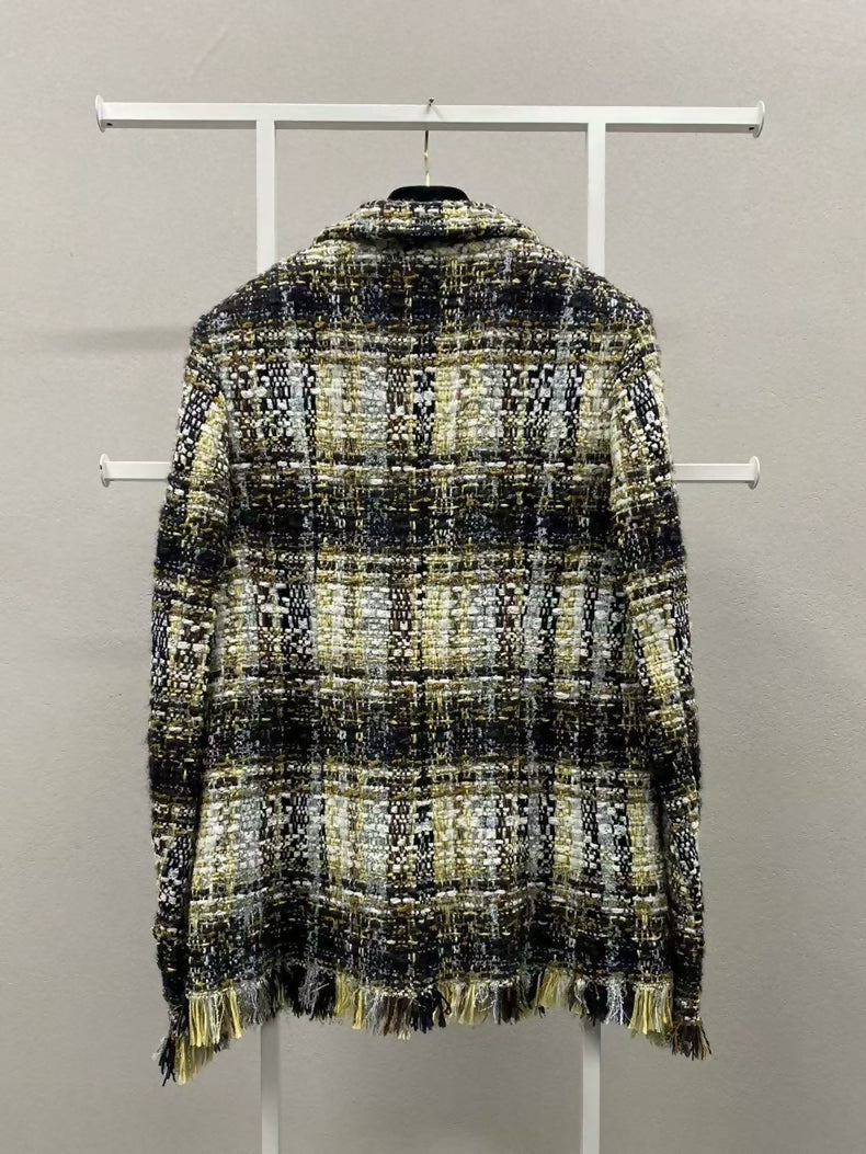 Chanel 19K in gold, black, white and brown tweed jacket