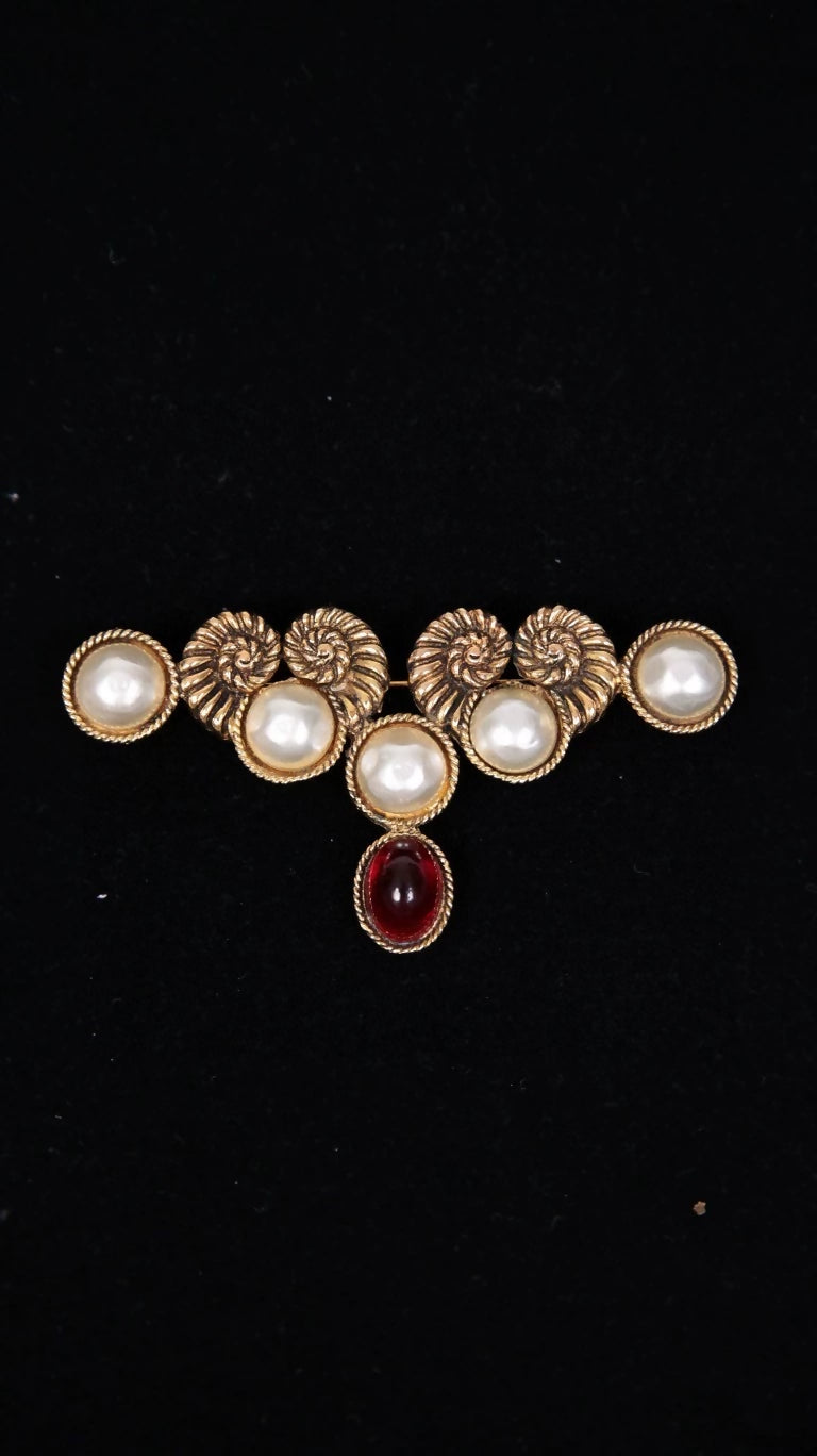 Chanel Ram's Horn Pearl Red Gold Glass Brooch