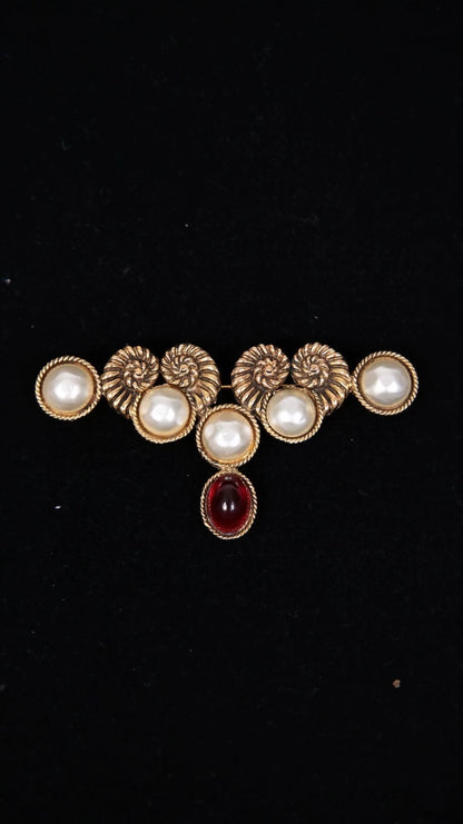 Chanel Ram's Horn Pearl Red Gold Glass Brooch