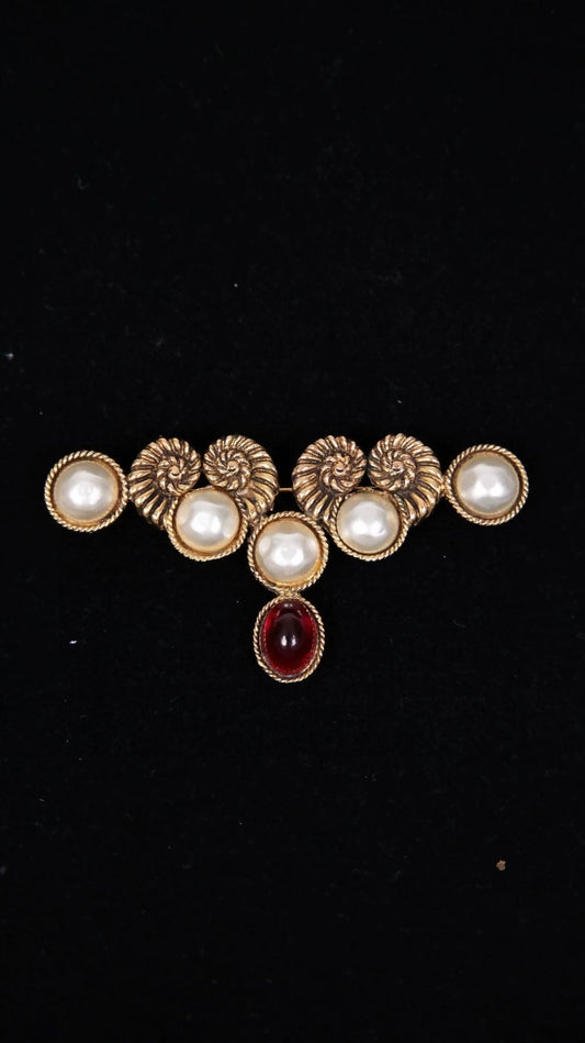 Chanel Ram's Horn Pearl Red Gold Glass Brooch