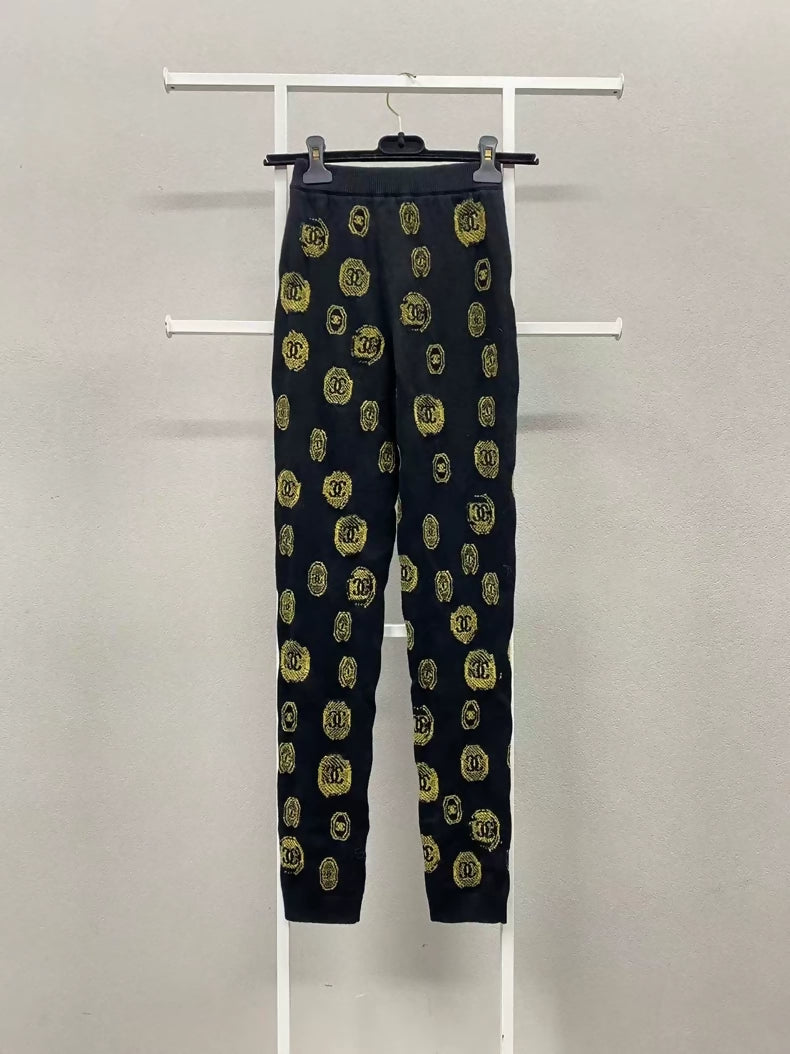 Chanel 21a Black and Gold Graffiti Cashmere Knit Pants