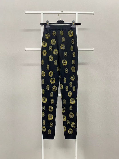 Chanel 21a Black and Gold Graffiti Cashmere Knit Pants