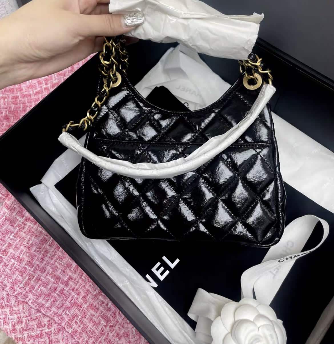 Chanel Hobo Small Bag In Shiny Crumpled Calfskin With Gold Hardware Black