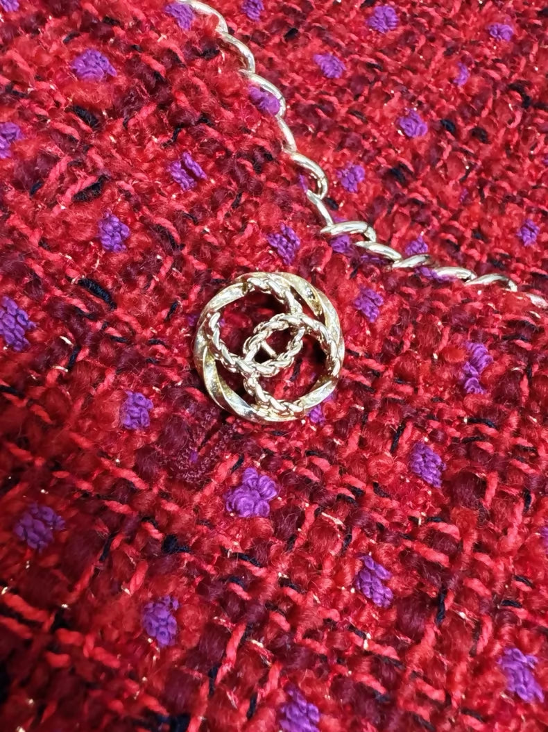 Chanel 23B red tweed skirt with gold buttons