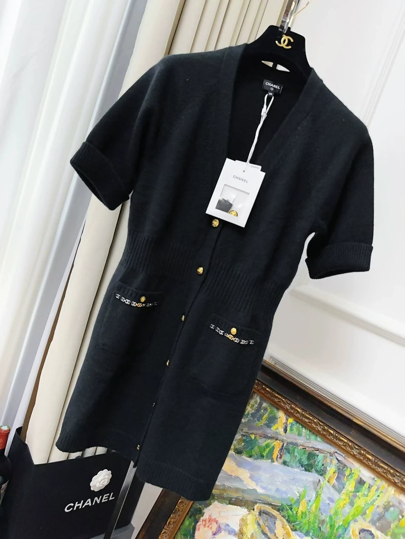 Chanel 22 Black V-neck Cashmere Knit Dress