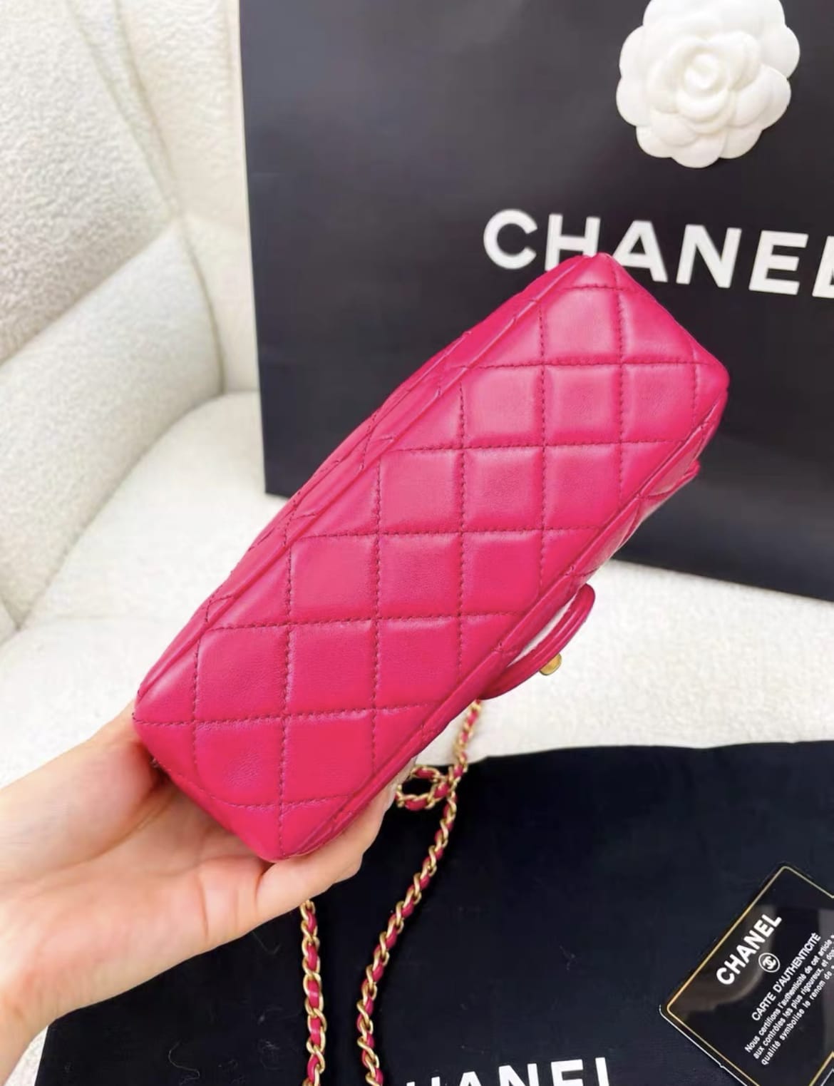 Chanel rose red gold ball cf large mini chain bag