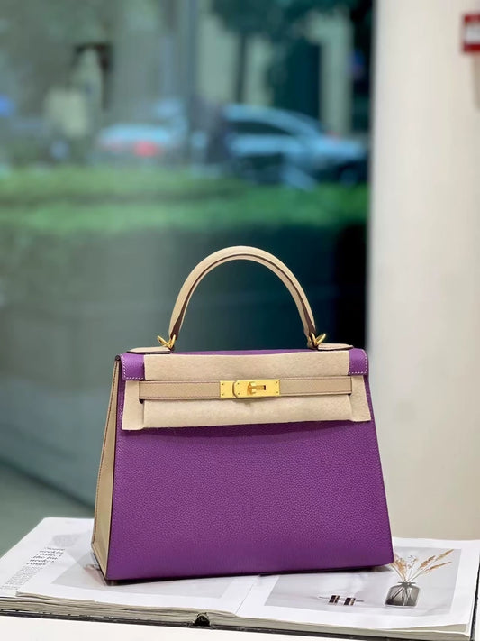 Hermes Kelly 28 P9 anemone purple and S2 trench coat Epsom  leather with brushed gold hardware