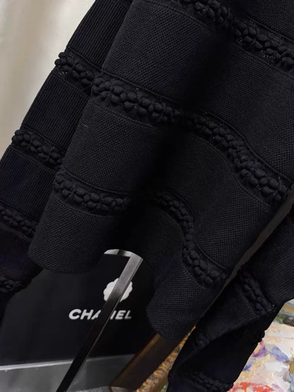 Chanel 24S white lace quilted black belted knit dress