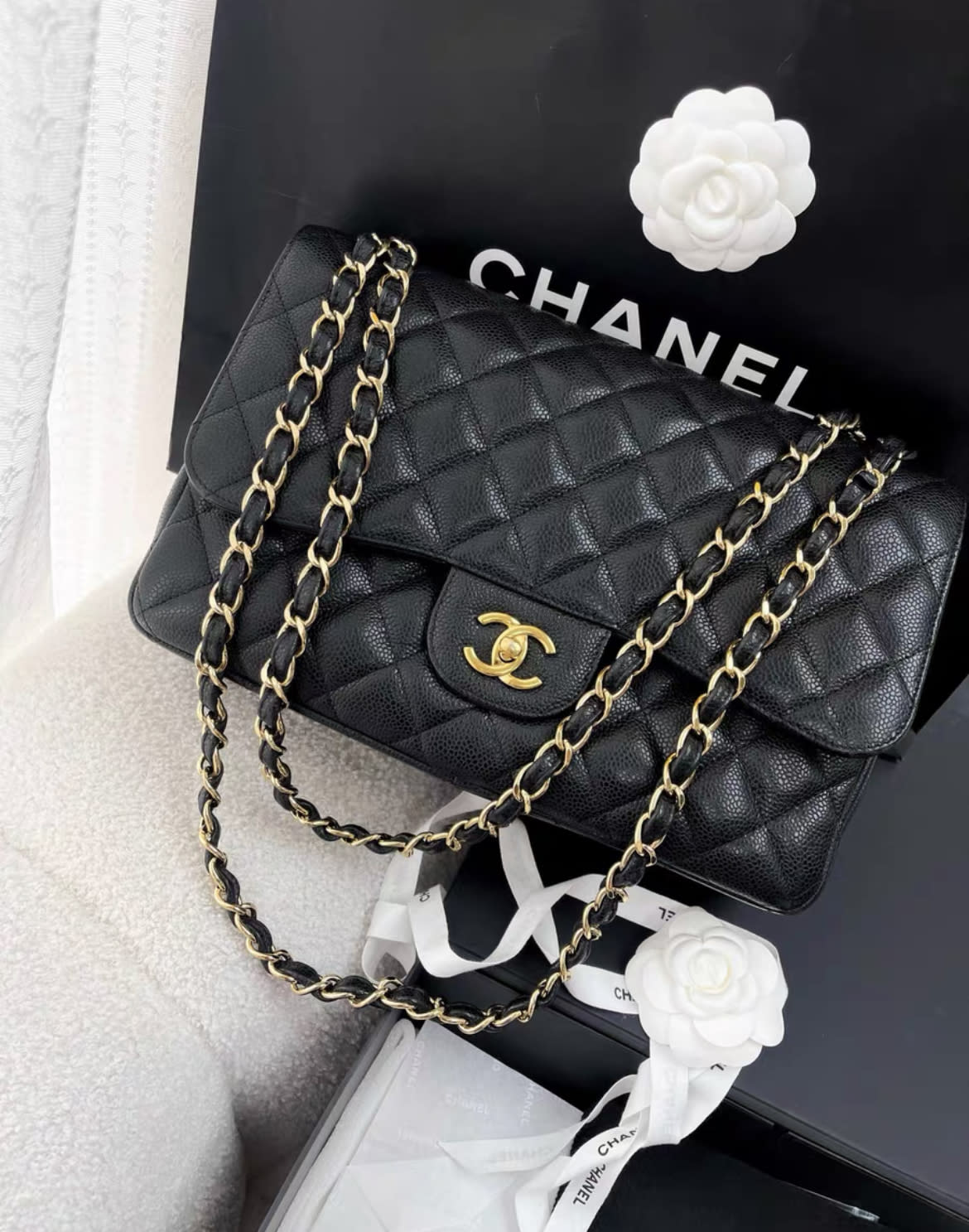 CHANEL Chanel black lychee leather CF large jumbo chain bag - Bottom length 30cm Shoulder Bag - Vintage fashion from Wararni