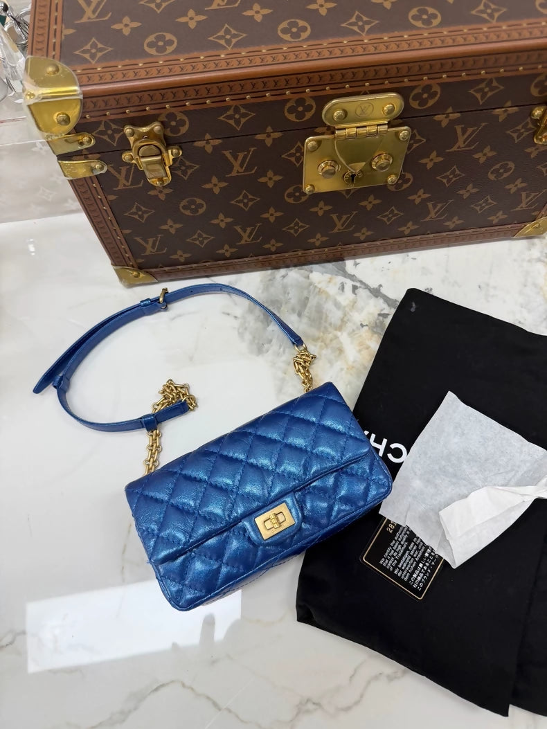 Chanel 2.55 Blue and Gold Vintage Pleated Leather Chain Bag