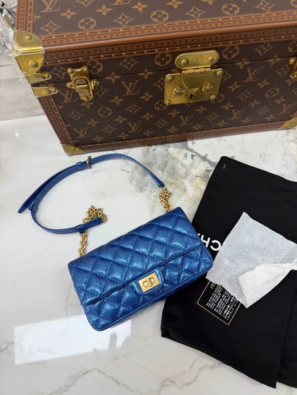 Chanel 2.55 Blue and Gold Vintage Pleated Leather Chain Bag