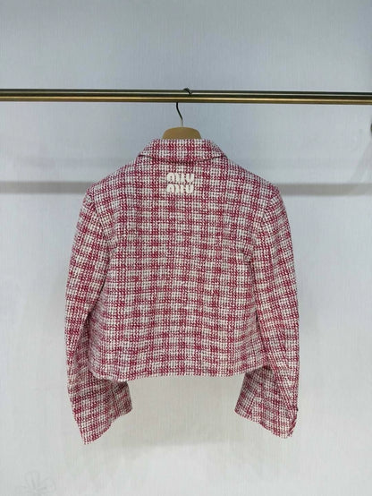 Miumiu 2024 Pink and White Checkered Jacket with Gold Buttons