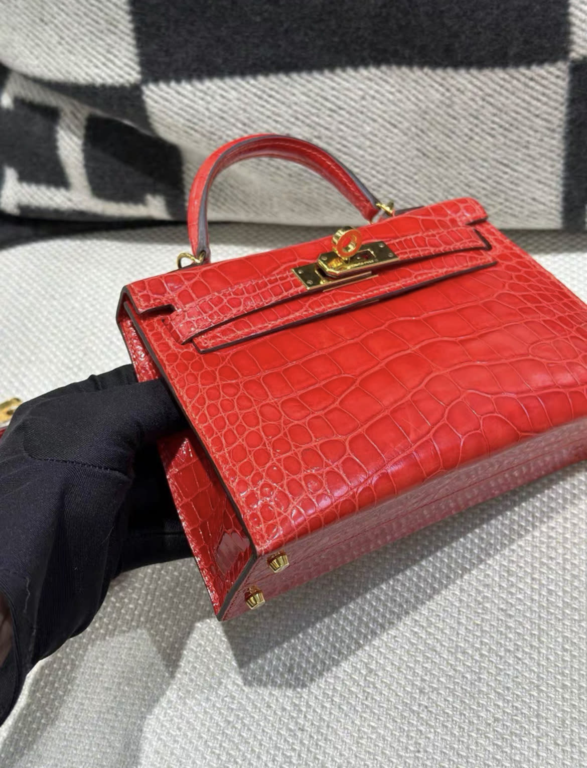 Hermes Geranium Sellier Kelly Mini 20cm Shiny Mississippiensis Alligator GHW