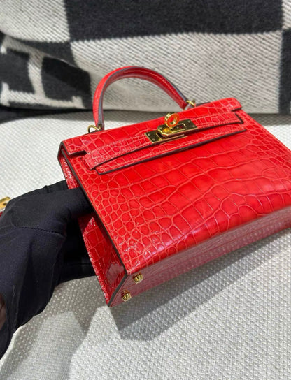 Hermes Geranium Sellier Kelly Mini 20cm Shiny Mississippiensis Alligator GHW