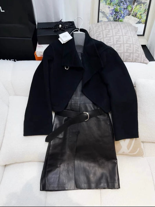 Hermes two-piece set black sheepskin dress and cashmere cape