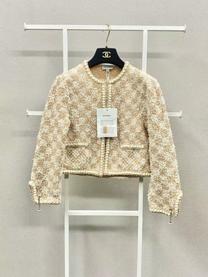 Chanel 23S Orange and White Damier Check Knit Cardigan