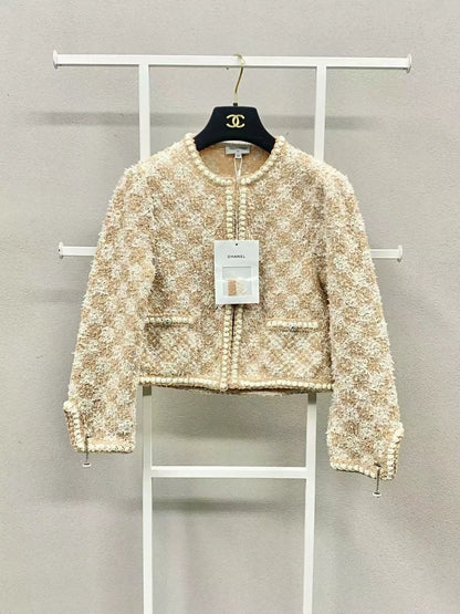 Chanel 23S Orange and White Damier Check Knit Cardigan