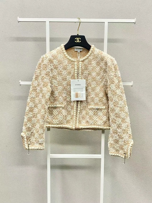 Chanel 23S Orange and White Damier Check Knit Cardigan