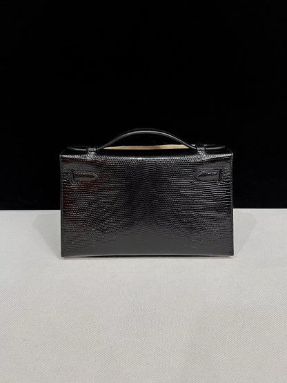 Hermes Kelly Pochette Black Lizard leather gold hardware