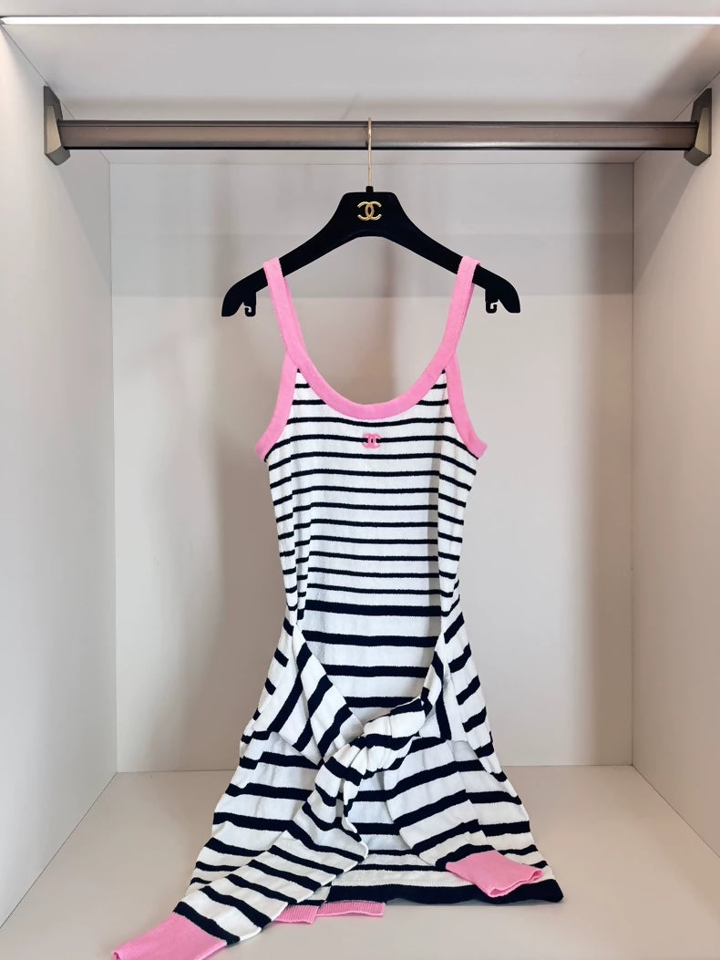 Chanel 24s Pink, Black and White Striped Knit Dress