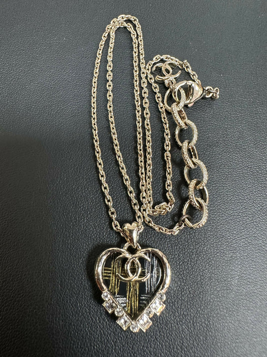 Chanel 2021 Rhinestone Resin CC Heart Pendant Necklace