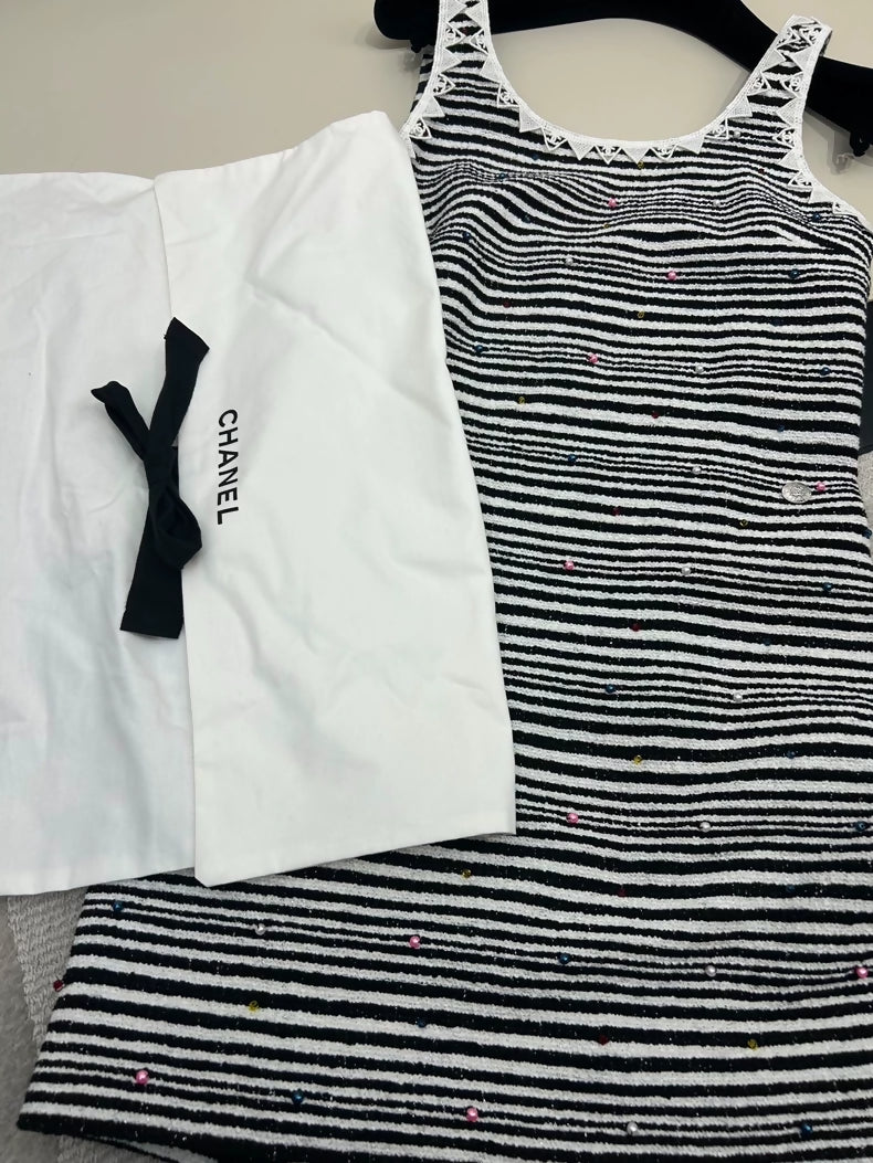 Chanel 24S Exquisite Striped Beaded Lace Dress
